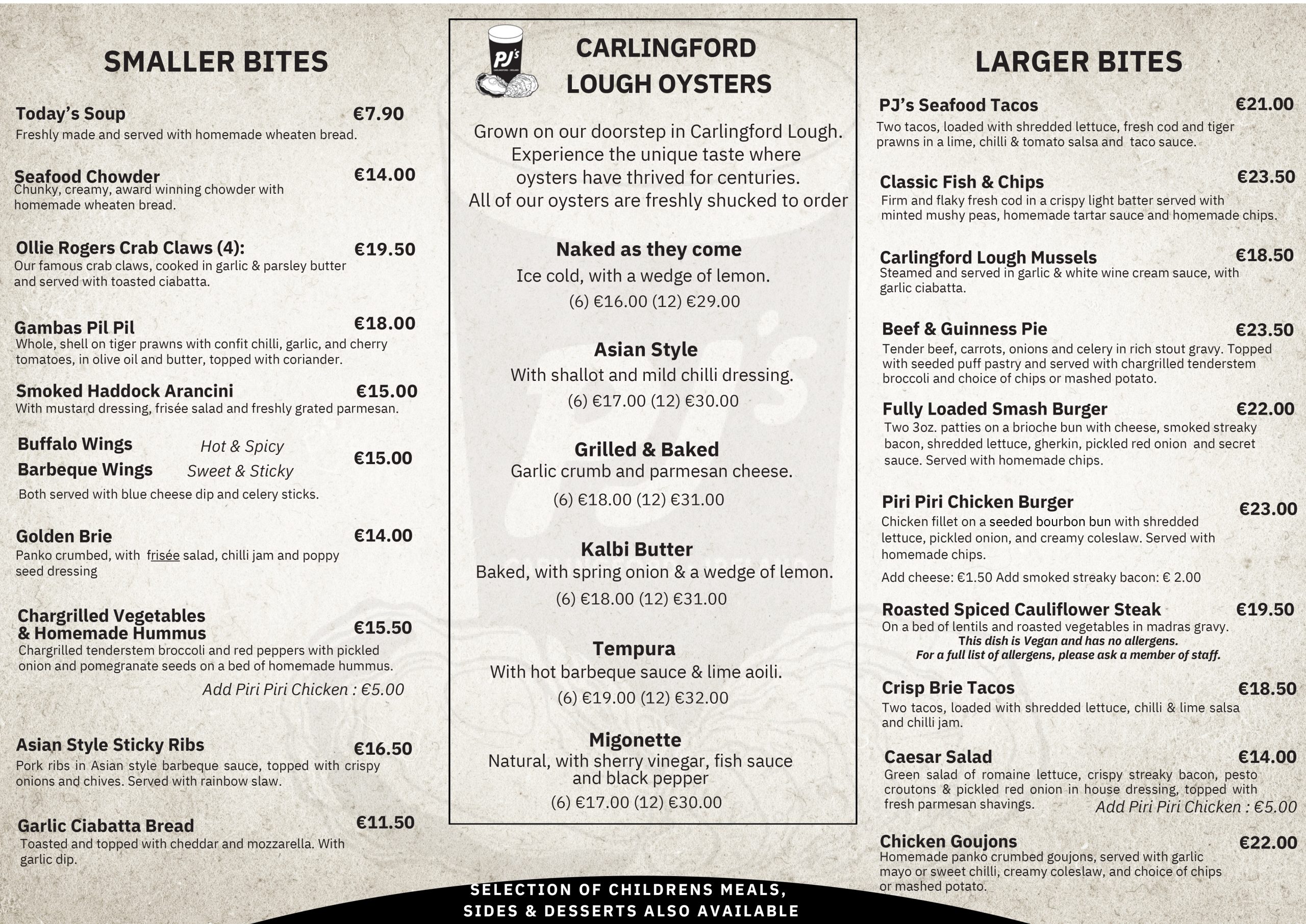 PJs carlingford menu